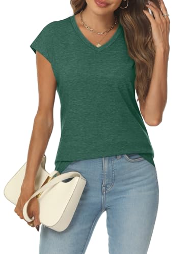 AUTOMET Womens Cap Sleeve Green Cotton Casual Tee
