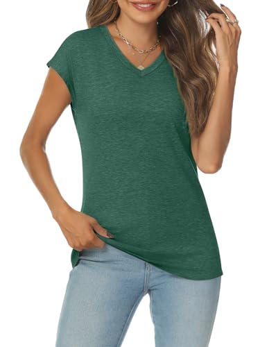 AUTOMET Womens Cap Sleeve Green Cotton Casual Tee