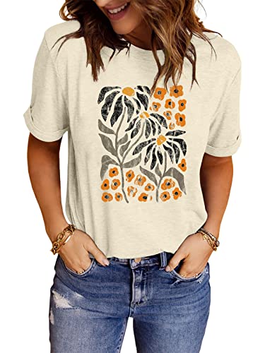 Sunflower Vintage Boho Graphic Tee for Women - Apricot