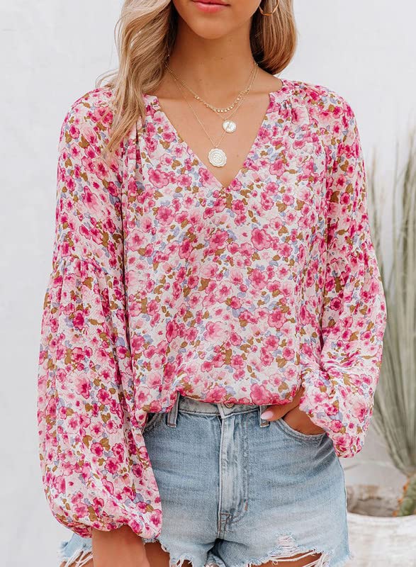 Floral Print Boho V-Neck Chiffon Blouse, Red, Medium