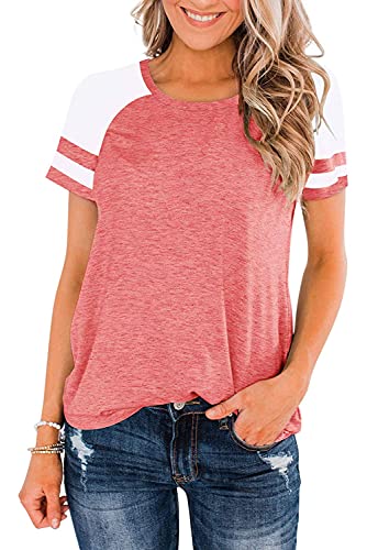 Heymiss Color Block Tee Shirt with Crewneck, Pink, XX-Large