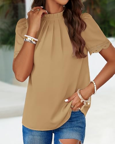 BTFBM Lace Trim Blouse for Women - Solid Khaki