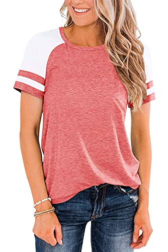 Heymiss Color Block Tee Shirt with Crewneck, Pink, XX-Large
