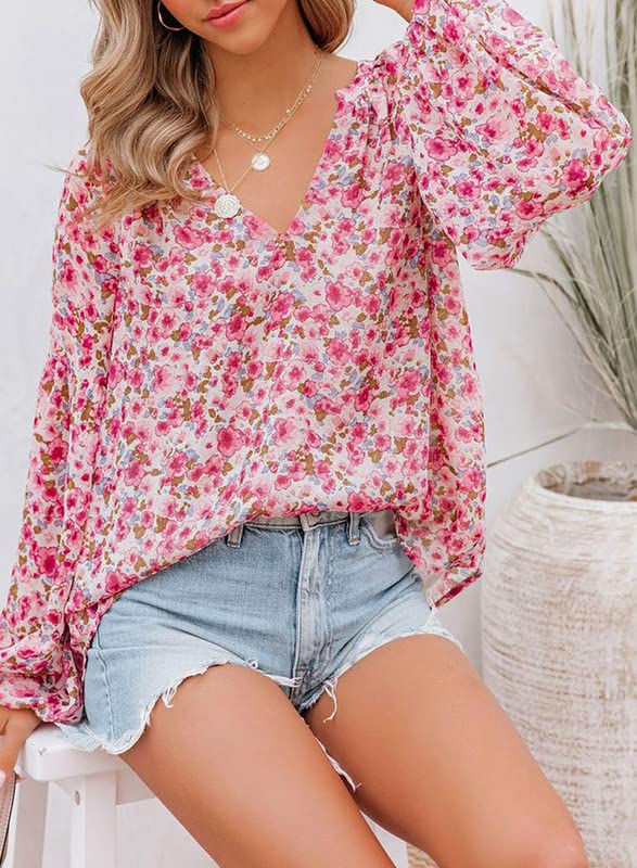 Floral Print Boho V-Neck Chiffon Blouse, Red, Medium