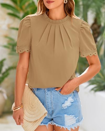 BTFBM Lace Trim Blouse for Women - Solid Khaki