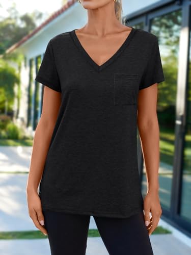 Black V-Neck Basic Tees for Women Fashion Tops
