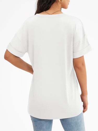 ATHMILE Short Sleeve White V-Neck Tee for Women