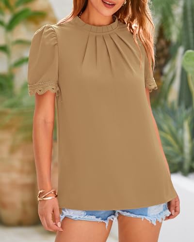 BTFBM Lace Trim Blouse for Women - Solid Khaki
