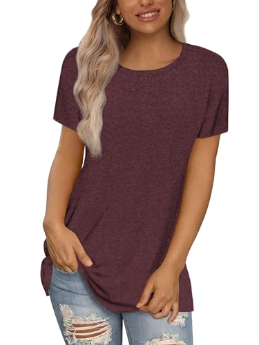 ATHMILE Women's Crewneck Summer Tunic Tee in Wine Red