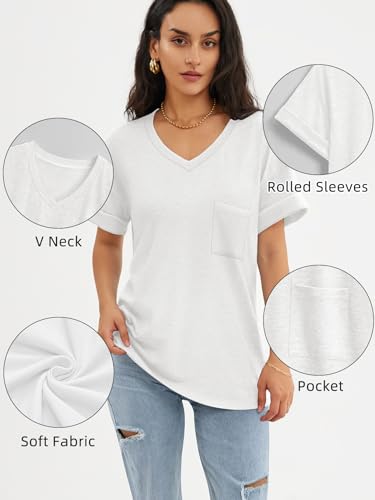 ATHMILE Short Sleeve White V-Neck Tee for Women