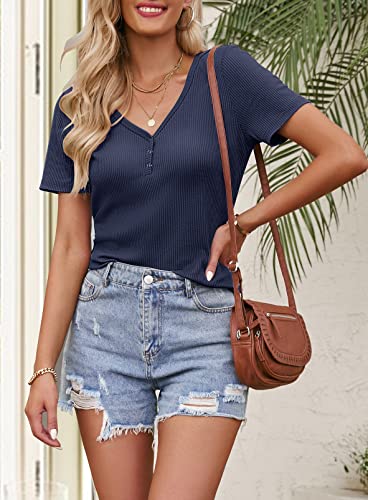MEROKEETY Women's Ribbed Knit V Neck Button Henley