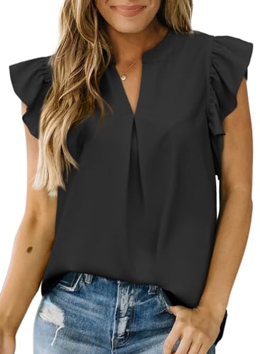 Dokotoo Women's Black Ruffle V-Neck Blouse Medium