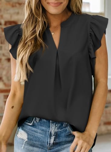 Dokotoo Women's Black Ruffle V-Neck Blouse Medium