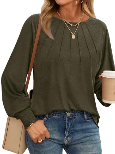 AUTOMET Army Green Long Sleeve Puff Blouse for Women