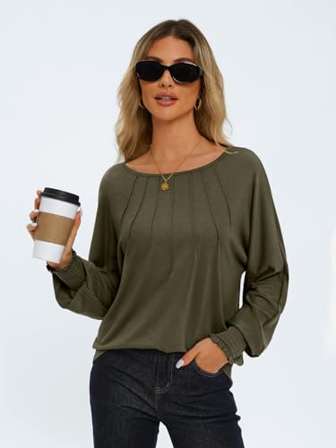 AUTOMET Army Green Long Sleeve Puff Blouse for Women