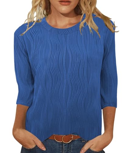 Blue Womens Loose Fit 3/4 Sleeve Dressy Tops