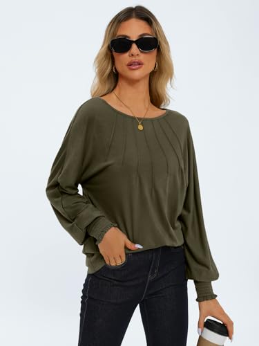 AUTOMET Army Green Long Sleeve Puff Blouse for Women