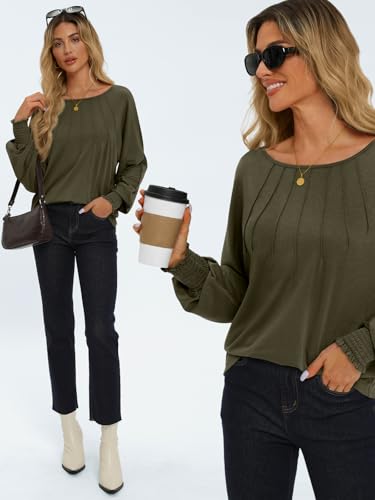AUTOMET Army Green Long Sleeve Puff Blouse for Women