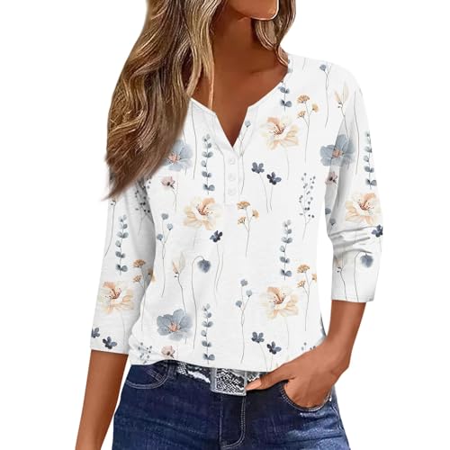 Womens 3/4 Sleeve Henley Print Tops for Summer