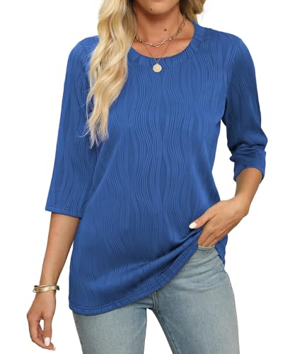 Blue Womens Loose Fit 3/4 Sleeve Dressy Tops