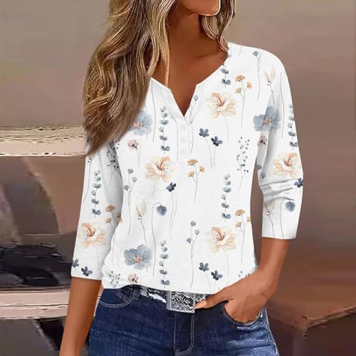 Womens 3/4 Sleeve Henley Print Tops for Summer