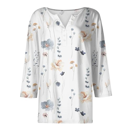 Womens 3/4 Sleeve Henley Print Tops for Summer