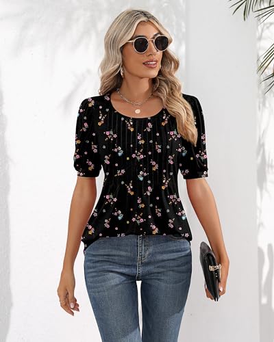 Women's Puff Sleeve Tunic Top - Pink/Black, Large