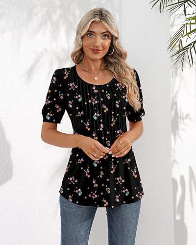 Women's Puff Sleeve Tunic Top - Pink/Black, Large
