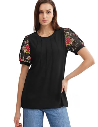 OFEEFAN Pleated Floral Top Spring Blouse Black XL