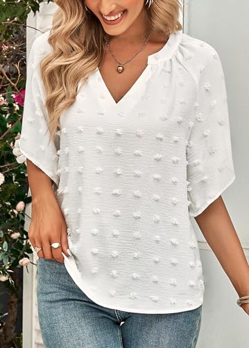 2024 Summer Swiss Dot Loose V-Neck Blouse for Women