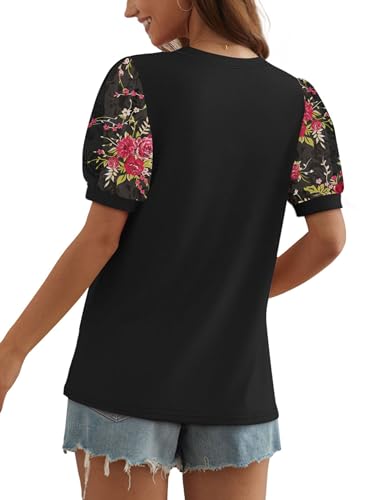 OFEEFAN Pleated Floral Top Spring Blouse Black XL
