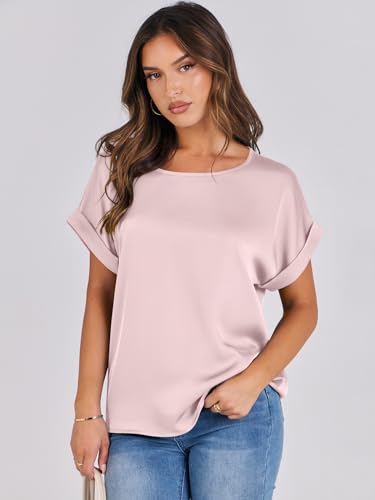 ANRABESS Women's Casual Silk Satin Blouse, Pink, Large