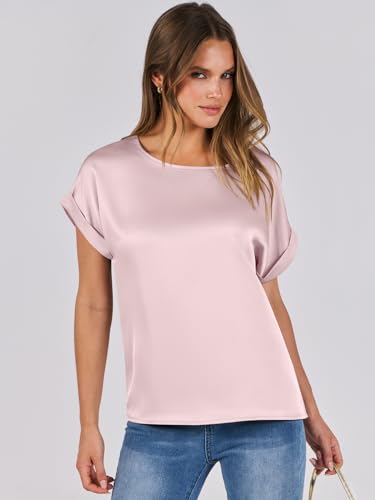 ANRABESS Women's Casual Silk Satin Blouse, Pink, Large