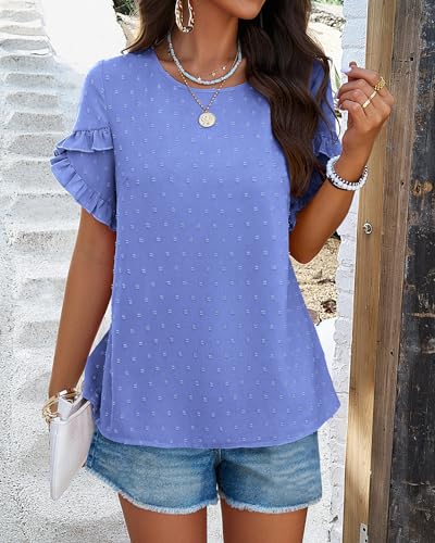 PRETTYGARDEN Women's Crewneck Petal Sleeve Blouse - Blue