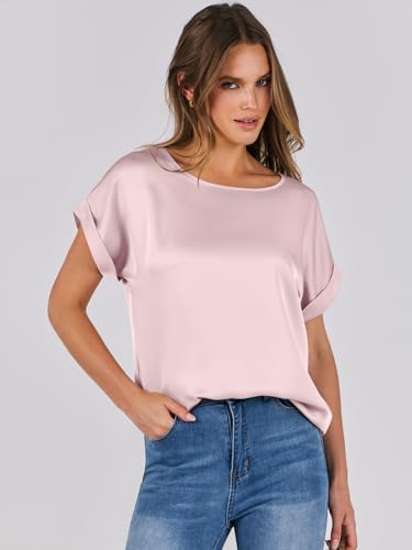 ANRABESS Women's Casual Silk Satin Blouse, Pink, Large