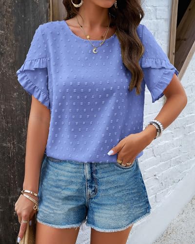 PRETTYGARDEN Women's Crewneck Petal Sleeve Blouse - Blue