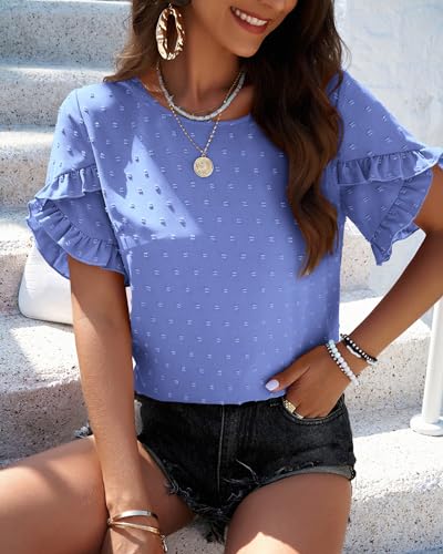 PRETTYGARDEN Women's Crewneck Petal Sleeve Blouse - Blue