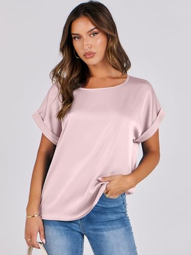 ANRABESS Women's Casual Silk Satin Blouse, Pink, Large