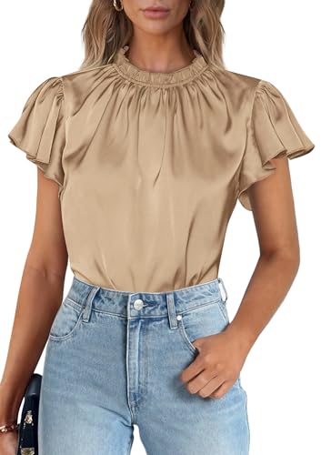 PRETTYGARDEN Khaki Satin Ruffle Blouse for Women