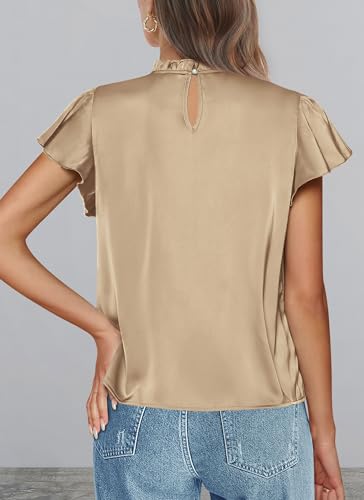 PRETTYGARDEN Khaki Satin Ruffle Blouse for Women