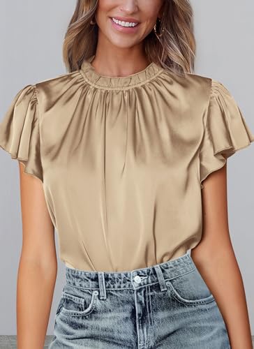 PRETTYGARDEN Khaki Satin Ruffle Blouse for Women