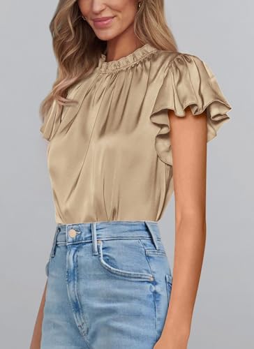 PRETTYGARDEN Khaki Satin Ruffle Blouse for Women