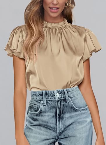 PRETTYGARDEN Khaki Satin Ruffle Blouse for Women