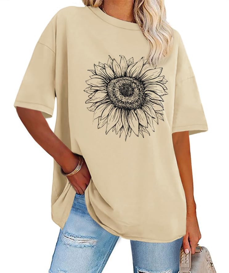 Sunflower Print Crew Neck Oversized Graphic Tee - Khaki