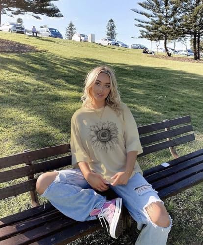 Sunflower Print Crew Neck Oversized Graphic Tee - Khaki