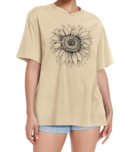 Sunflower Print Crew Neck Oversized Graphic Tee - Khaki