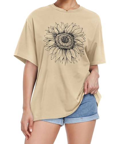 Sunflower Print Crew Neck Oversized Graphic Tee - Khaki
