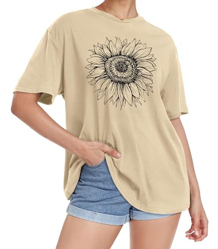 Sunflower Print Crew Neck Oversized Graphic Tee - Khaki
