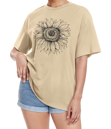Sunflower Print Crew Neck Oversized Graphic Tee - Khaki
