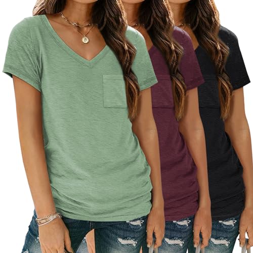 V Neck Loose Fit Casual Summer Tee with Pocket
